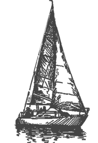 This image is an outline drawing of a sailboat. The drawing features a single mast and sails, depicted with simple lines and minimal detail.