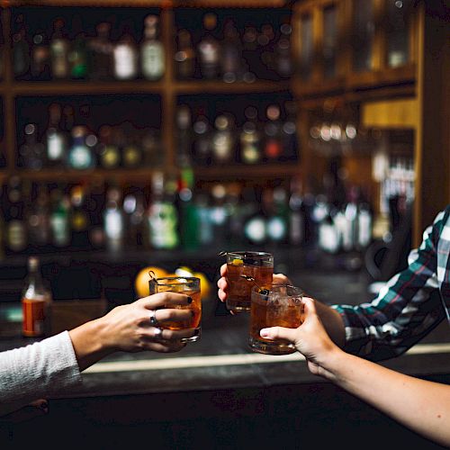 Three people toasting with drinks in a bar with shelves of bottles in the background.