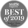 A round grey badge with text: "seattle magazine BEST of 2019 Readers' Choice Winner."